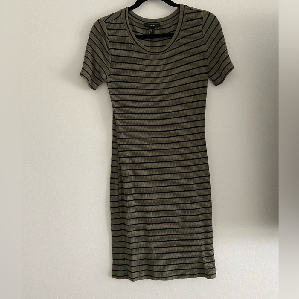 Forever 21 Bodycon Dress Olive Green with Black Stripes